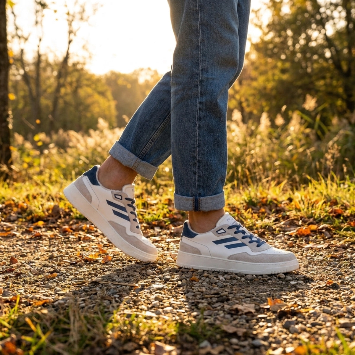 Calzature d'élite PR1MO Urbano Blue Vapor indossate, sneakers made in Italy artigianali e scarpe di lusso fatte a mano